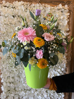 “Driving Miss Daisy” Zinc bucket containing fresh flowers