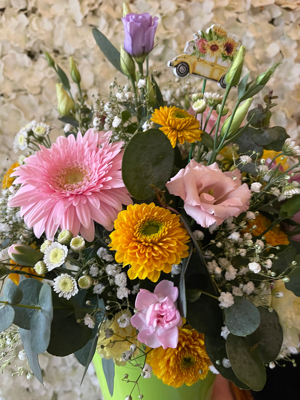 “Driving Miss Daisy” Zinc bucket containing fresh flowers