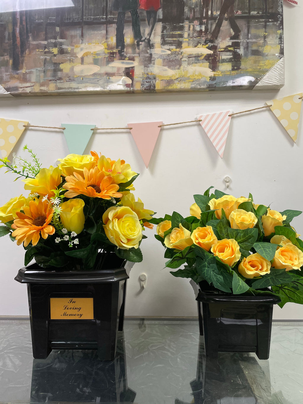 Graveside Artificial pot of flowers